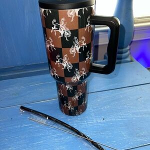 Checkerboard Horse Travel Tumbler - Brown & Black